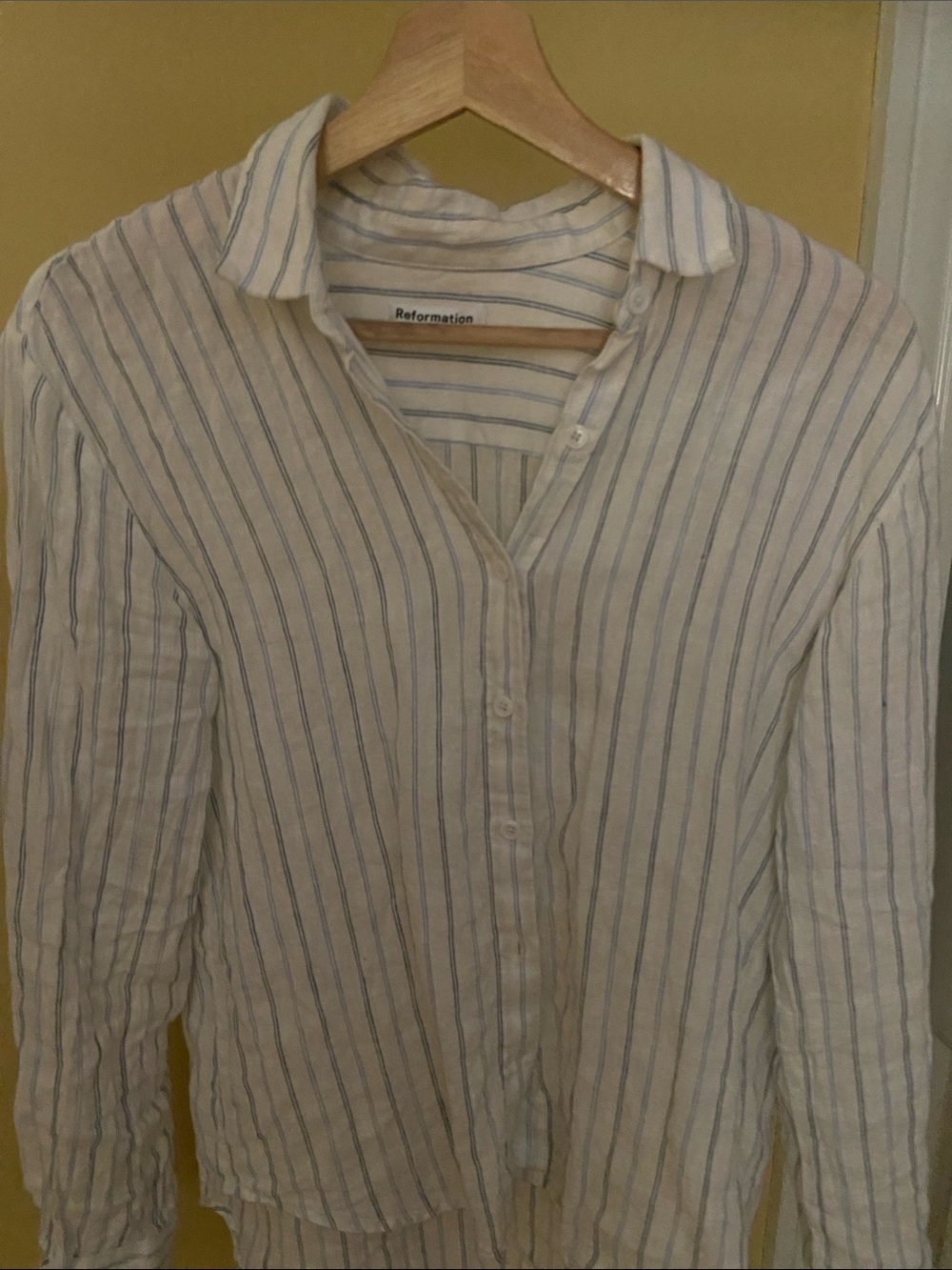 Reformation White Linen Button-Up Shirt with Blue Stripes